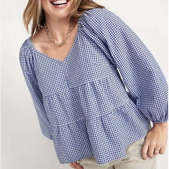 Old Navy Tops - OLD NAVY Gingham Long Sleeve V-neck Tiered Seersucker Swing Top L